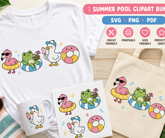 Cute pool clipart set for Cricut crafts, stickers, sublimation, and summer DIY projects.