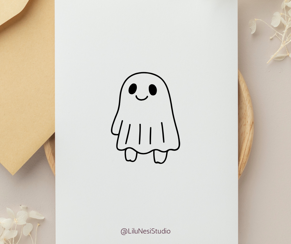 Simple black line drawing of a ghost on a white card with 'LiluNesiStudio' branding.