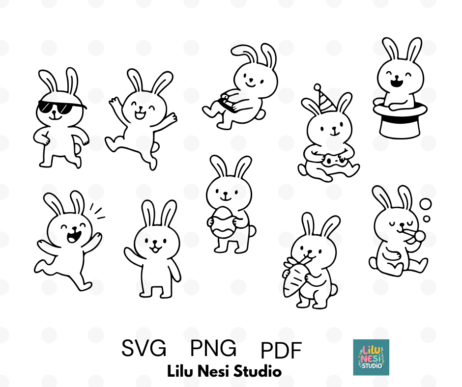 cute bunny svg bundle with playful doodle rabbit illustrations