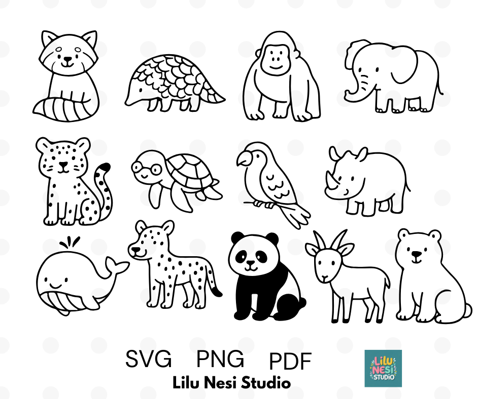 black and white animal clipart set for cricut projects and coloring pages