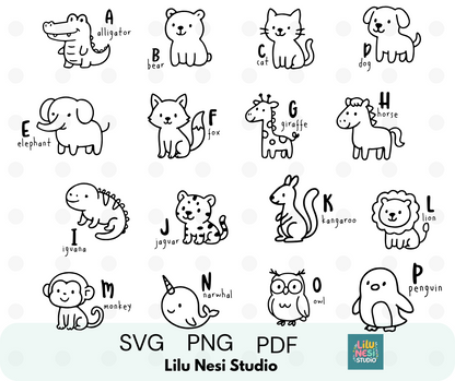 animal alphabet svg bundle with cute doodle animals for kids learning