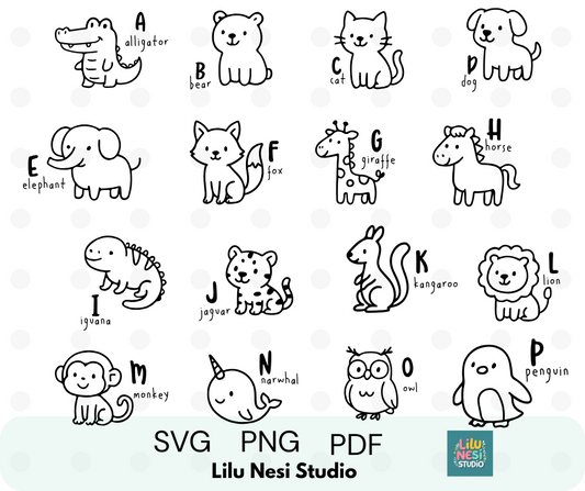 animal alphabet svg bundle with cute doodle animals for kids learning