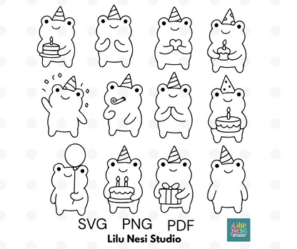 birthday frog svg bundle with cute party frog doodles
