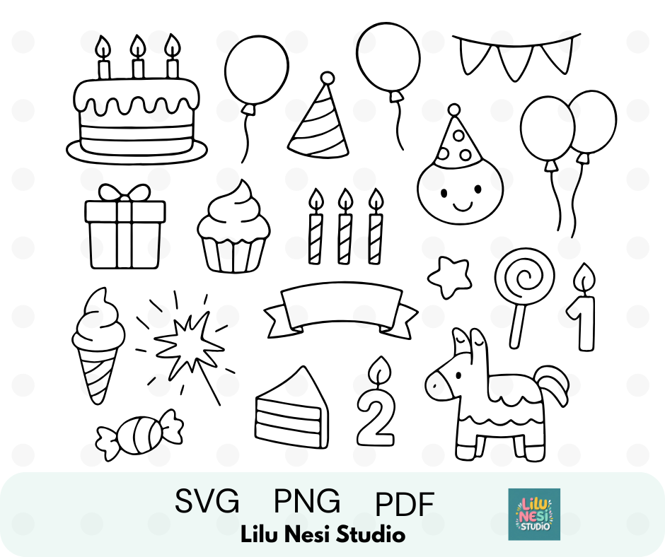 birthday party svg bundle with cute celebration doodle illustrations