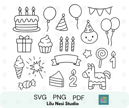 birthday party svg bundle with cute celebration doodle illustrations