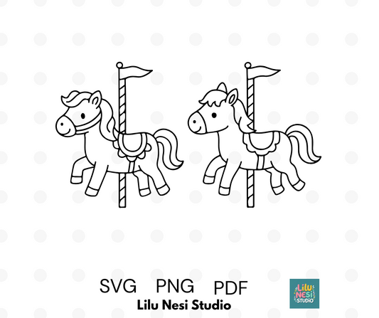 carousel horse svg set with cute fairytale doodle illustrations