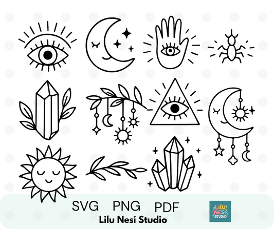 celestial svg bundle with moons crystals mystical eyes and boho doodles
