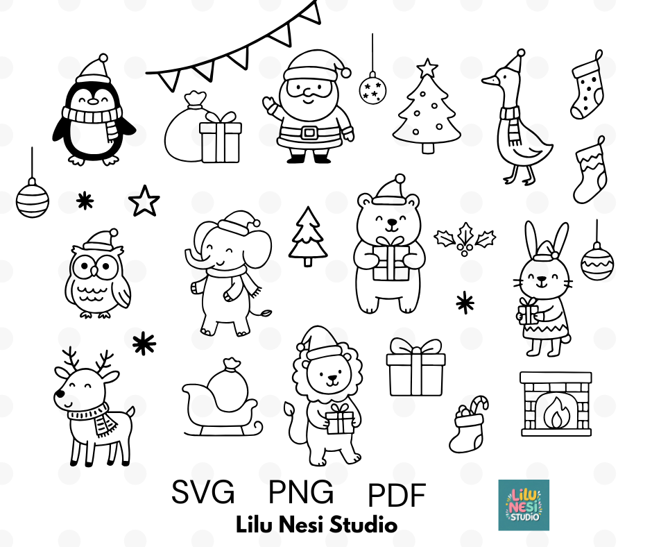 christmas animal svg bundle with cute festive doodle illustrations
