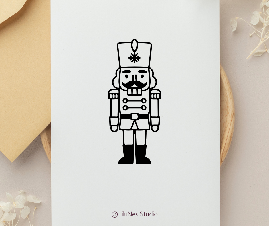 Black nutcracker illustration on a white card with 'LiluNesiStudio' branding.