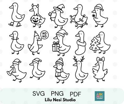 Christmas Goose SVG bundle featuring 15 festive goose clipart illustrations for Cricut holiday crafts.