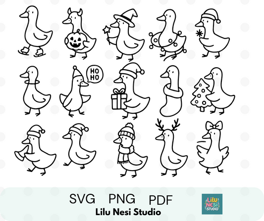 Christmas Goose SVG bundle featuring 15 festive goose clipart illustrations for Cricut holiday crafts.