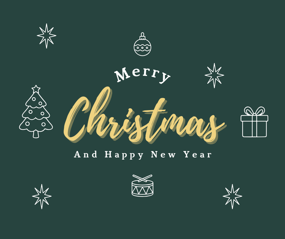 Merry Christmas and Happy New Year text with festive icons on a green background