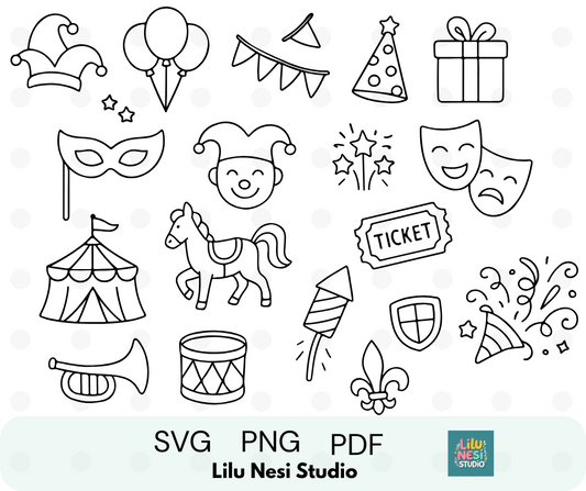 circus and carnival svg bundle with festive doodle illustrations
