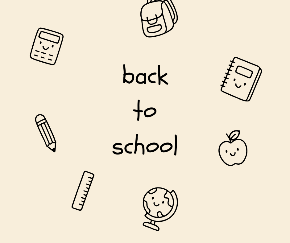 Back to school clipart set with backpack, notebook, calculator, globe, ruler, scissors, and classroom supplies.