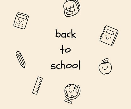Back to school clipart set with backpack, notebook, calculator, globe, ruler, scissors, and classroom supplies.