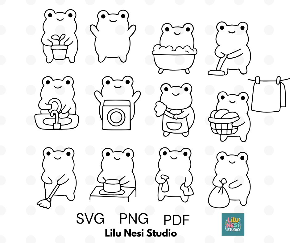 cleaning frog svg bundle with cute household frog doodles
