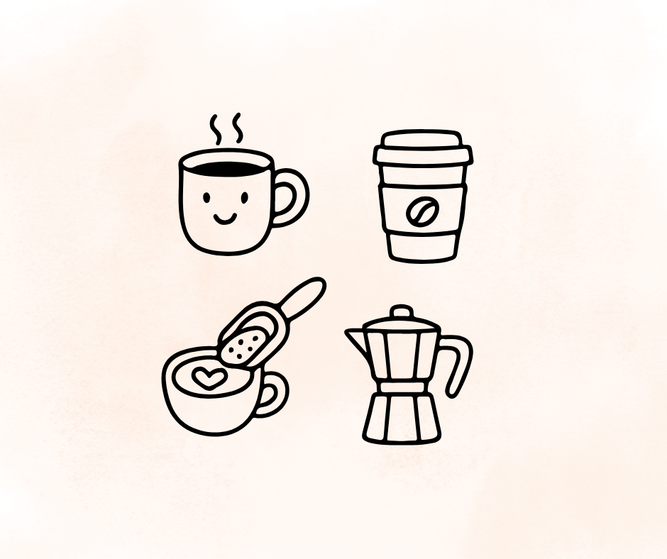 cozy coffee doodle svg files with mugs and coffee beans