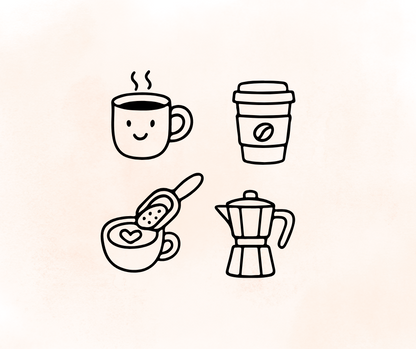 cozy coffee doodle svg files with mugs and coffee beans