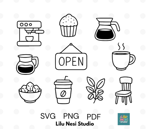 coffee shop svg bundle with cozy cafe doodle illustrations