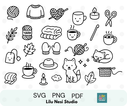 cozy crochet svg bundle with yarn knitting and cottagecore doodles