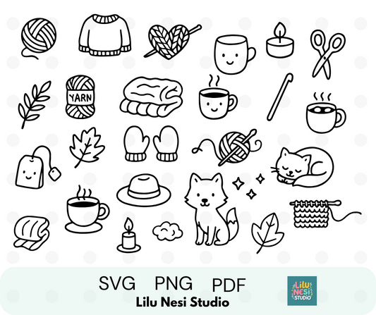 cozy crochet svg bundle with yarn knitting and cottagecore doodles