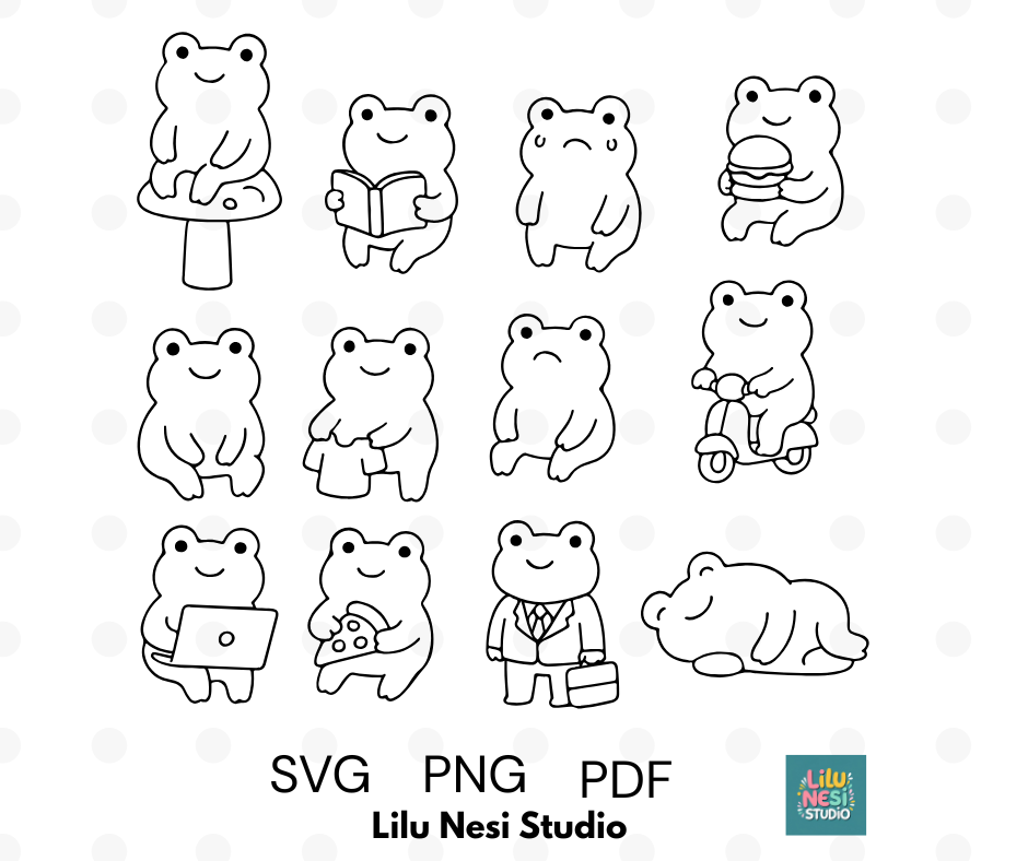 cute cozy frog svg bundle with everyday lifestyle doodles
