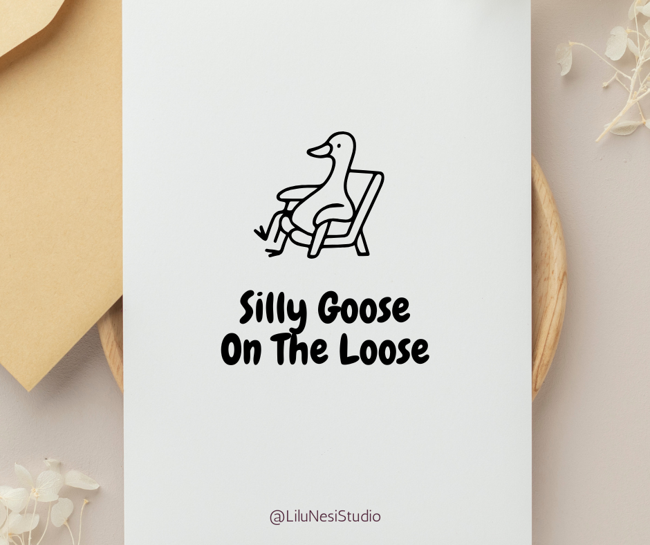 Cute goose doodle collection with knitting, painting, coffee, gardening, music, yoga, and relaxing activities.