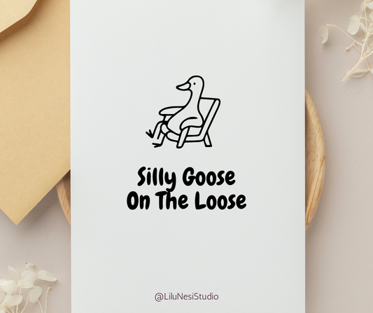 Cute goose doodle collection with knitting, painting, coffee, gardening, music, yoga, and relaxing activities.