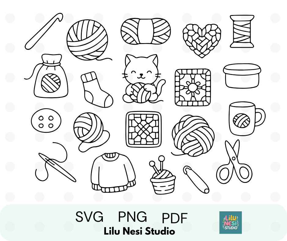cute crochet and knitting svg bundle with yarn and crafting doodles
