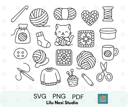 cute crochet and knitting svg bundle with yarn and crafting doodles
