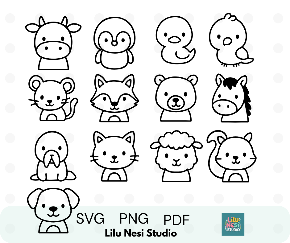 cute animal faces svg bundle with minimalist nursery doodles
