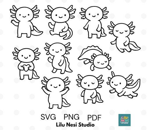 cute axolotl svg bundle with kawaii doodle illustrations
