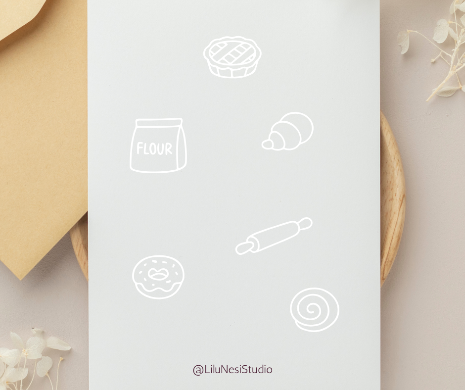 black and white baking illustrations for stickers and printable decor
