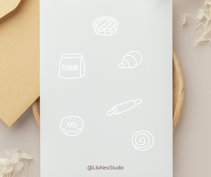 black and white baking illustrations for stickers and printable decor