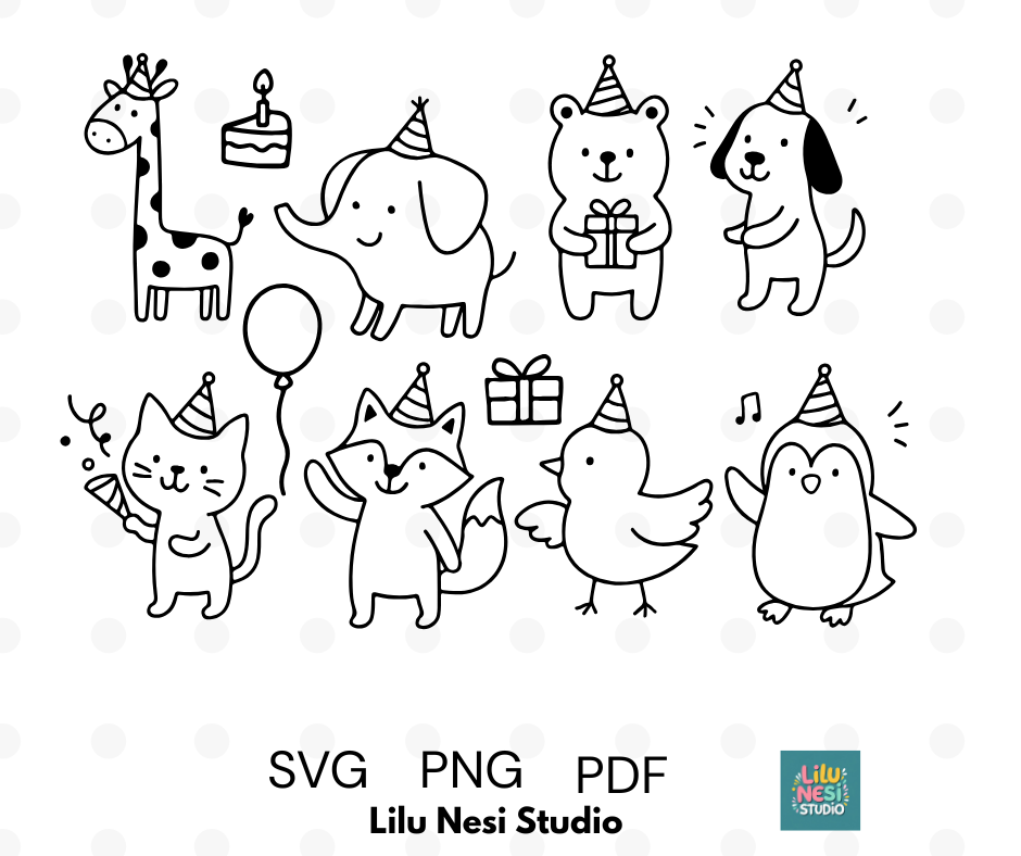 cute birthday animals svg bundle with party hats and balloons