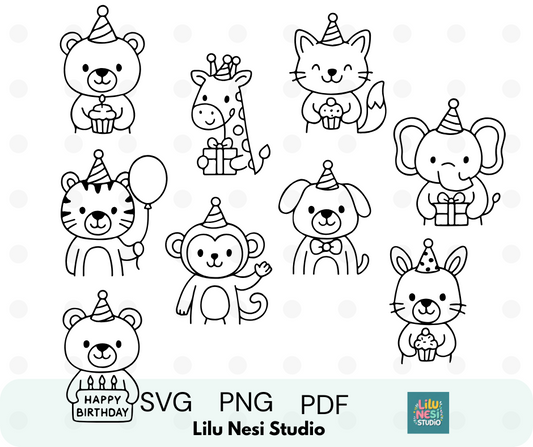 cute birthday animals svg bundle with party hats cupcakes and balloons
