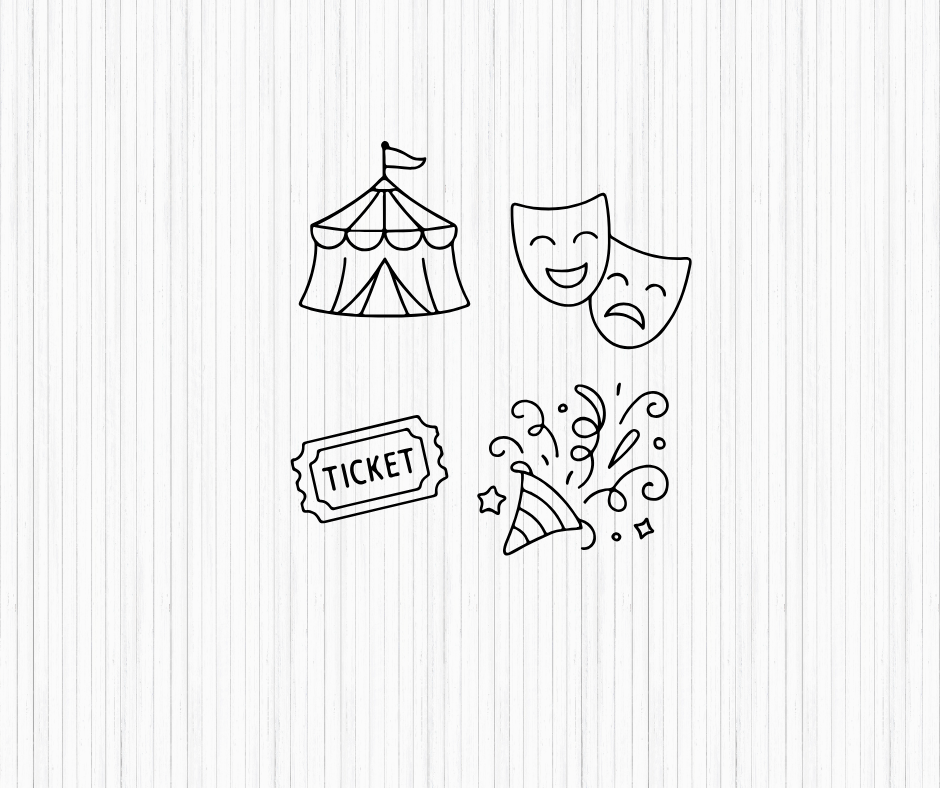 black and white carnival doodles for printable decorations and stickers