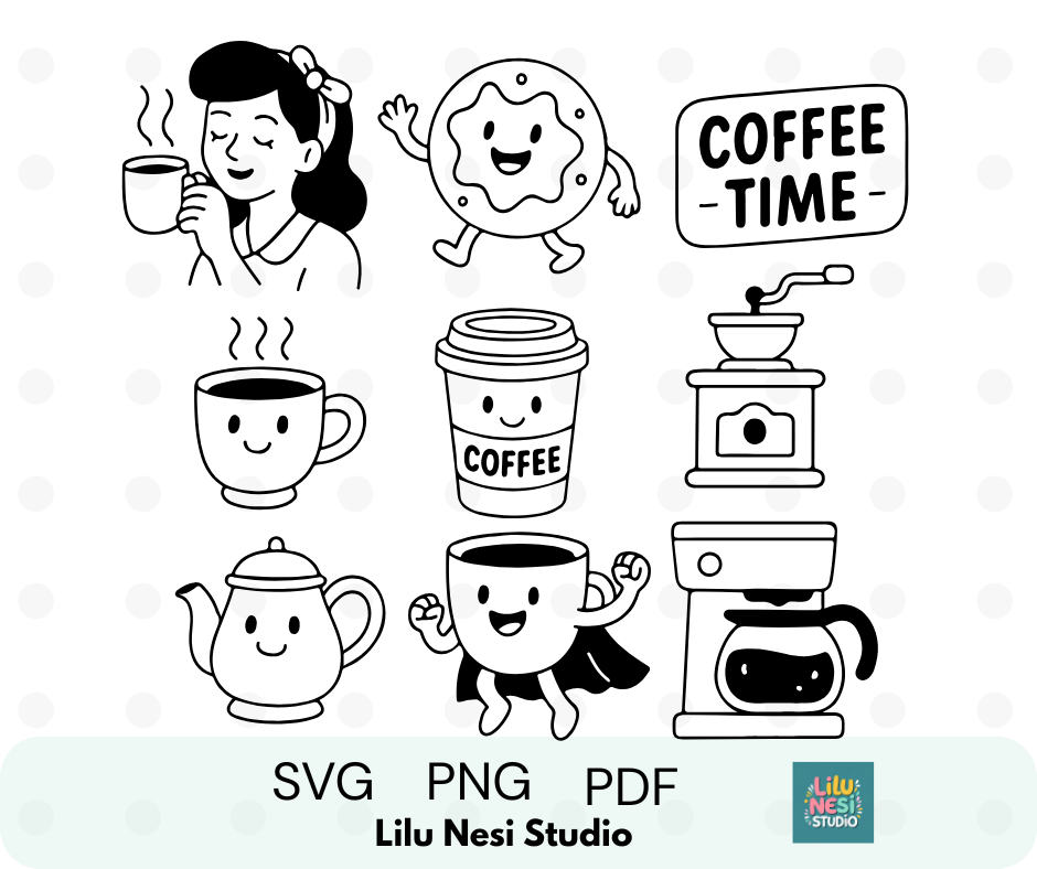 Cute coffee SVG bundle featuring 9 minimalist coffee-themed illustrations for Cricut crafts.