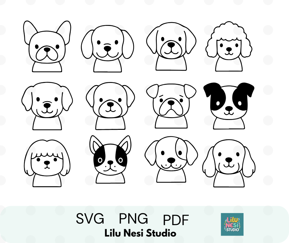 cute dog faces svg bundle with puppy and pet doodles
