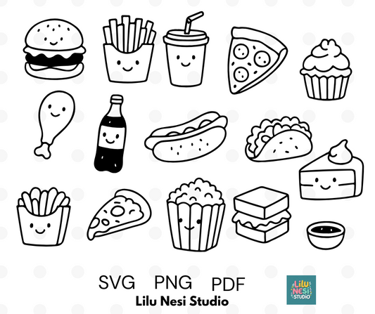 cute food svg bundle with burgers pizza fries tacos and cupcakes
