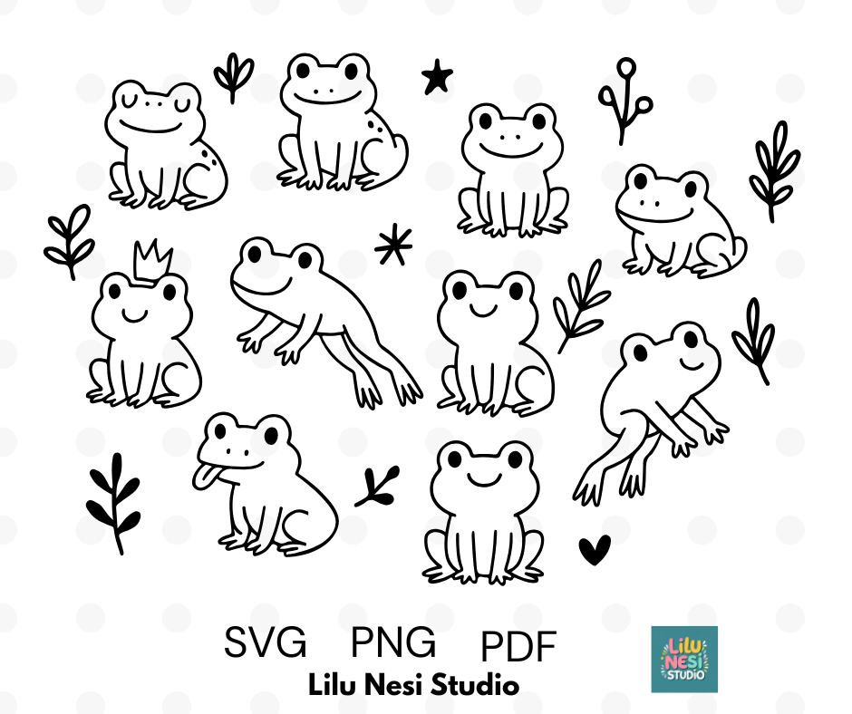 cute frog svg bundle with kawaii frog doodles and nature elements
