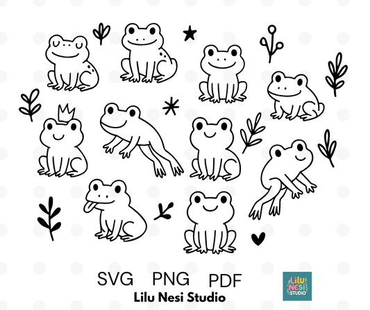 cute frog svg bundle with kawaii frog doodles and nature elements
