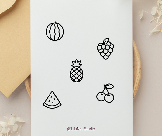 Set of black line art fruit illustrations on a white card with 'LiluNesiStudio' branding.