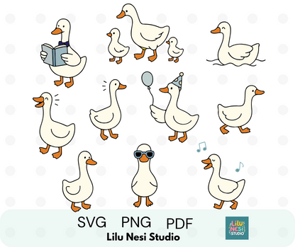 Cute colored goose clipart bundle featuring 12 playful goose illustrations for Cricut crafts and DIY projects.