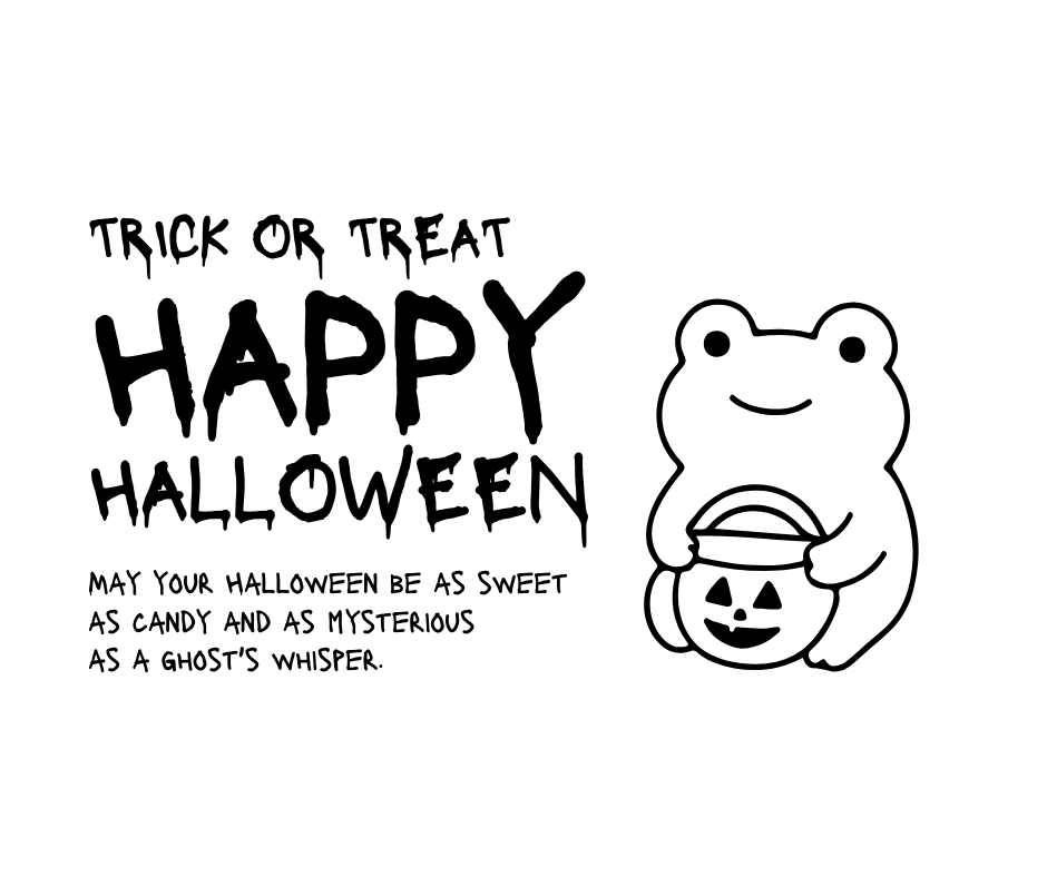 Halloween-themed graphic with a frog holding a pumpkin basket and text.