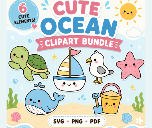Cute Ocean Clipart Bundle featuring six kawaii ocean illustrations including turtle, whale, sailboat, seagull, starfish, and beach bucket.