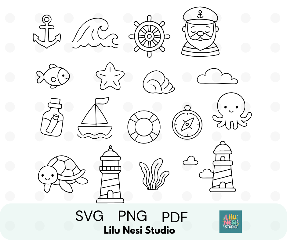 cute ocean svg bundle with anchors sailboats turtles and nautical doodles
