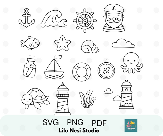 cute ocean svg bundle with anchors sailboats turtles and nautical doodles
