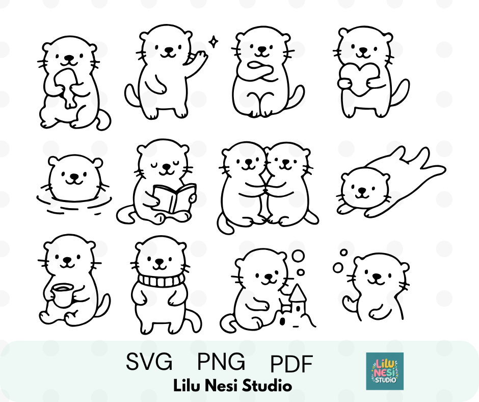 Set of cute otter illustrations in various poses with file format options and a studio logo.
