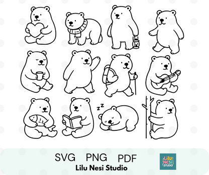 cute polar bear svg bundle with cozy doodle bear illustrations